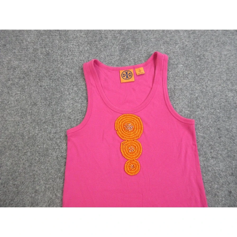 Tory Burch Tank Top Womens XS Pink 100% Cotton Beaded Rhinestone Scoop Neck